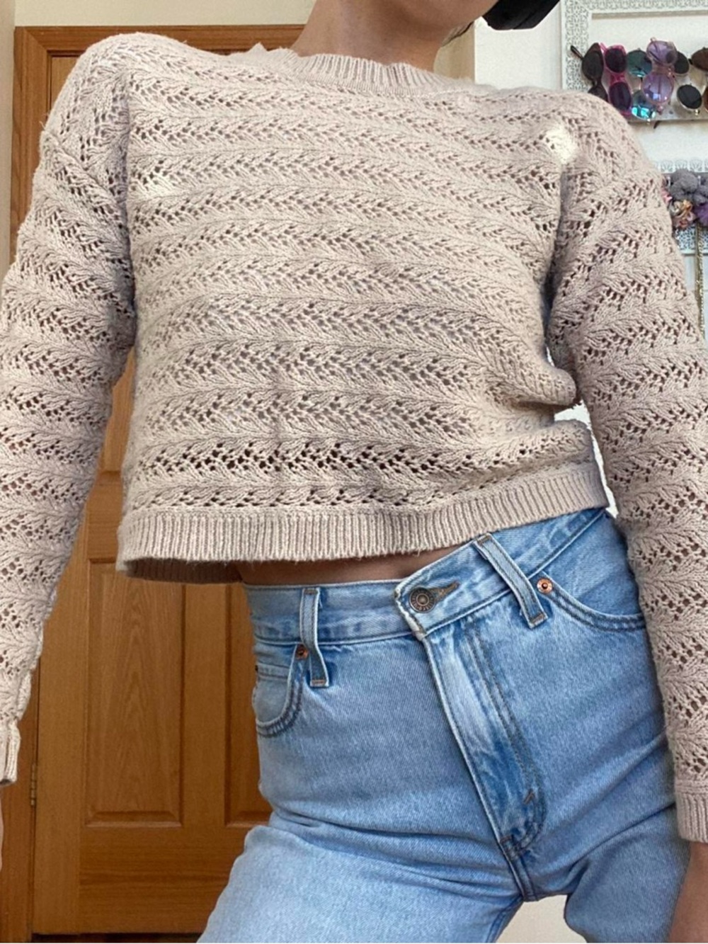 Vintage Knit Crewneck Long Sleeve Cropped Sweater